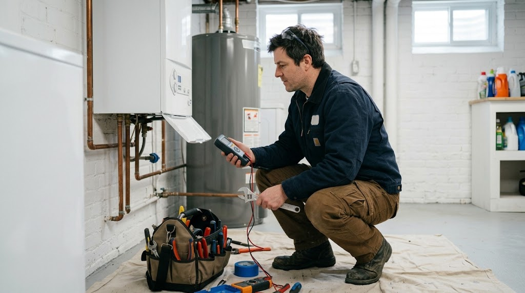 Residential boiler heating unit and system piping in a Pelham Bay basement