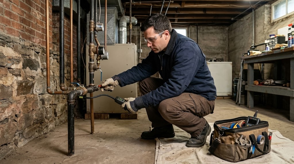Black iron natural gas pipe inspection and pressure gauge testing in Pelham Bay