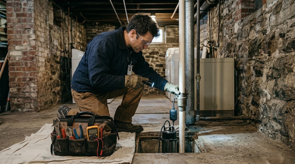 Submersible cast iron sump pump and check valve installation in Pelham Bay basement