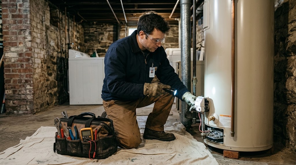 Residential gas water heater repair and temperature control valve inspection in Pelham Bay